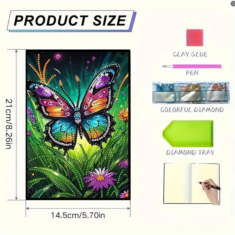 TEMU diamant 5D avec de fleurs et de papillons, un journal avec une couverture en similicuir - Carnet de à couverture rigide en diamant artificiel de