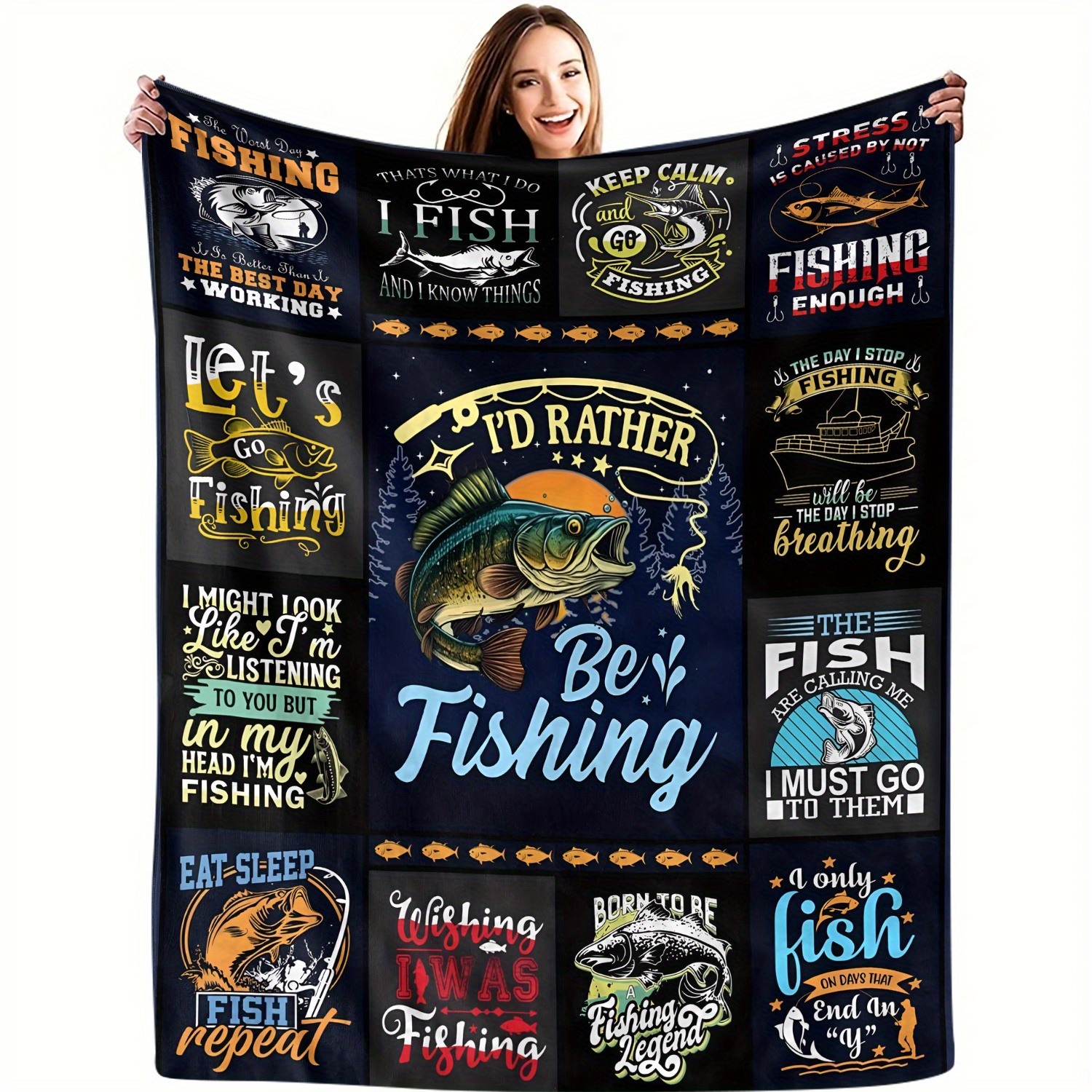 

Fishing Enthusiast's Flannel Blanket - Cozy Throw With Fishing Illustrations & Quotes Background, Soft Polyester, Knitted Design - Perfect Gift For , Fishing Accessory