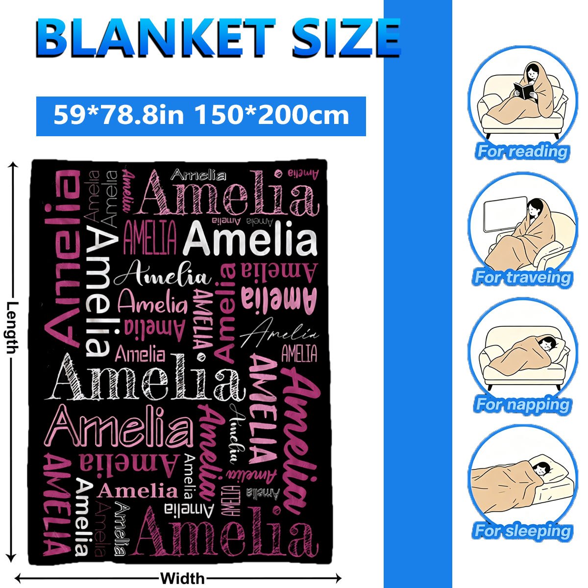 TEMU 1pc Black Background Pink White Multi-font Full Print Name Custom Flannel Small Blanket, Soft Warm Printed Blanket, Very Suitable As Holiday
