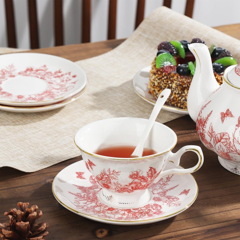 22pcs vintage red floral porcelain tea set with golden-rimmed white & pink bone china tea service,   & storage holder - wedding, birthday, anniversary gift for women, tea party, everyday use - durable & safe mineral-based porcelain, complete set with teapot, 6 cups, saucers, sugar bowl, milk jug & spoons, tea accessories, chinese tea pot, tea cup, magical teapot, tea strainer Product details 2