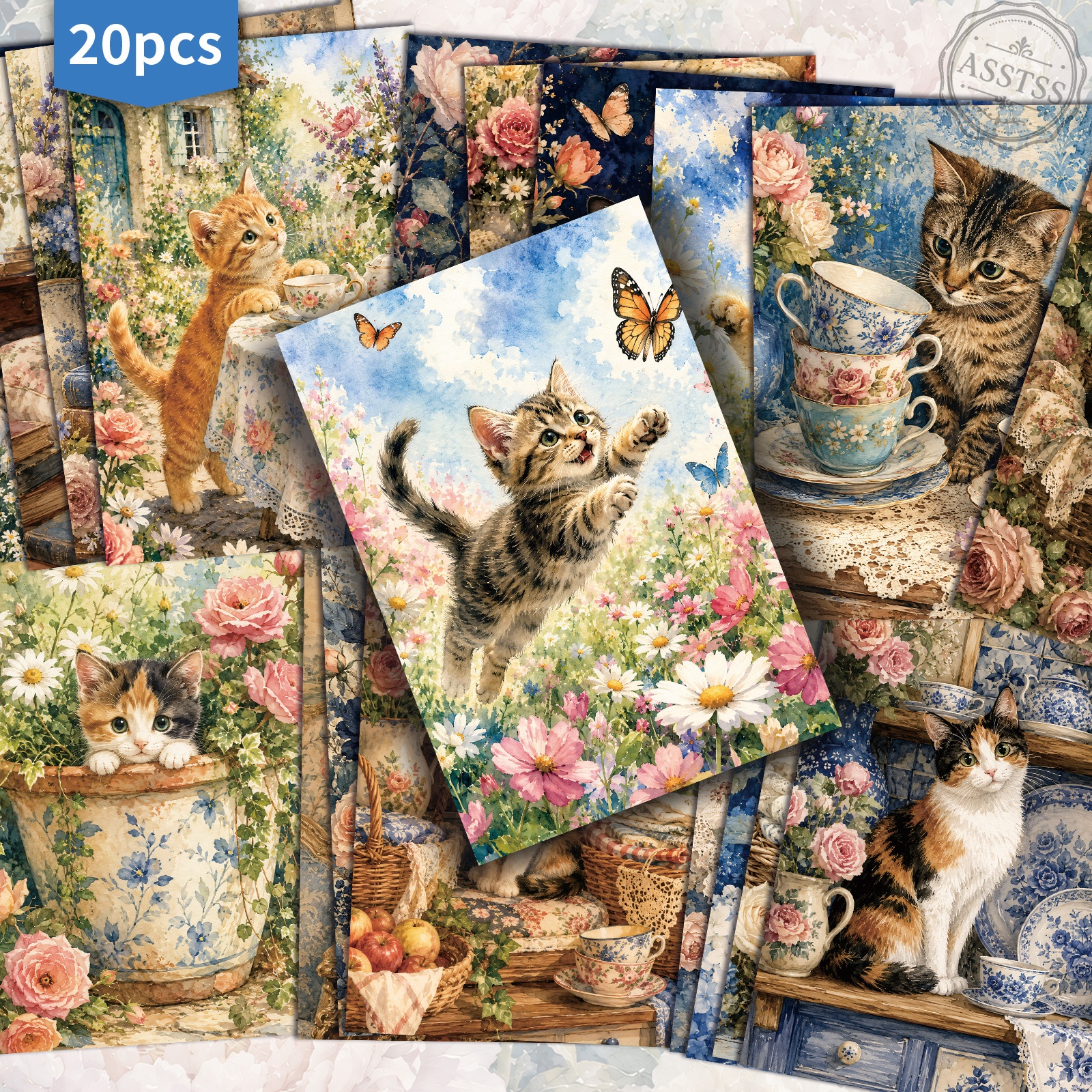 TEMU 20-pack Asstss Watercolor Cute Kitten Postcards - 4x6 Inches Retro Junk Journal Supplies, Classic Pinup Illustrations Collectible Decorative