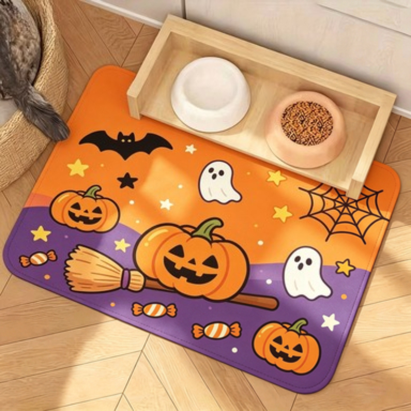 TEMU 1pc Halloween-themed Pet Feeding Mat, Cartoon Pumpkin Broom White Web Printed Design, Non-slip And Easy To Clean, Fleece Material, Suitable For
