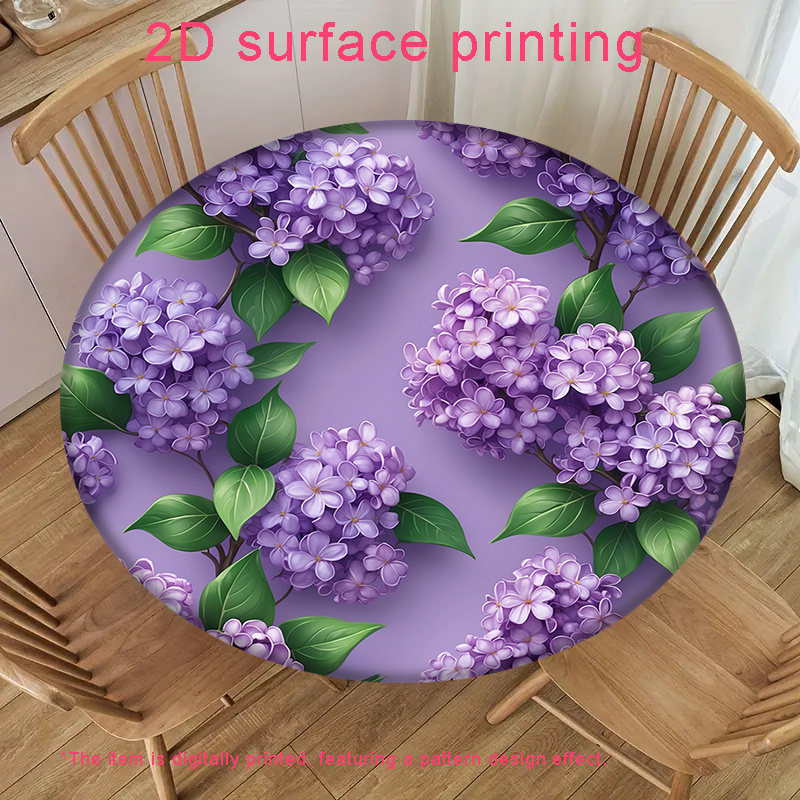 TEMU 1pc 2d Flat Printing Lilac Floral Print Stretch Round Tablecloth, Suitable For Round Dining Tables, Polyester Material, Used For Parties,