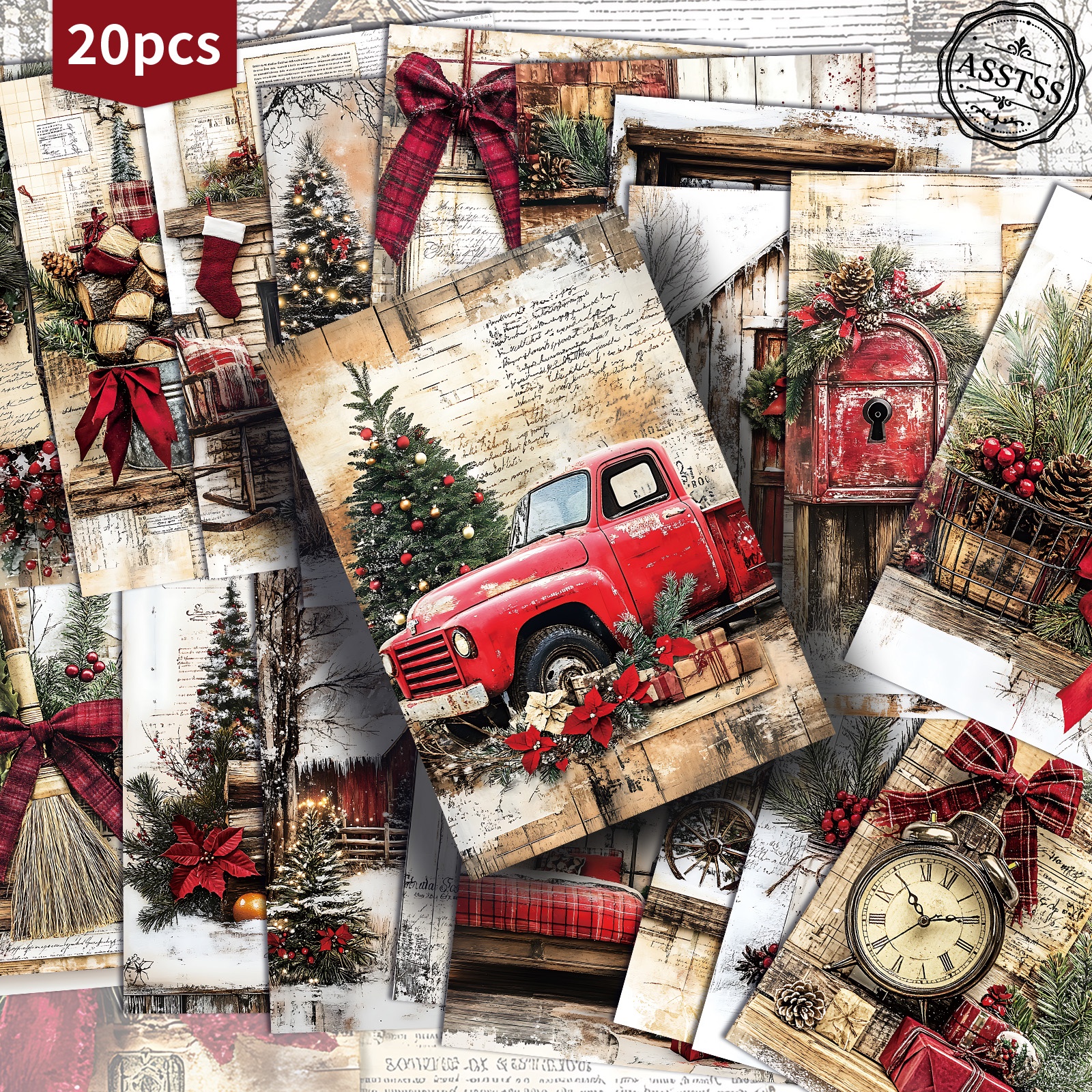 TEMU Lot de 20 cartes postales ASSTSS vintage de Noël style ferme - 4x6 pouces, fournitures pour journal de récupération, illustrations classiques,