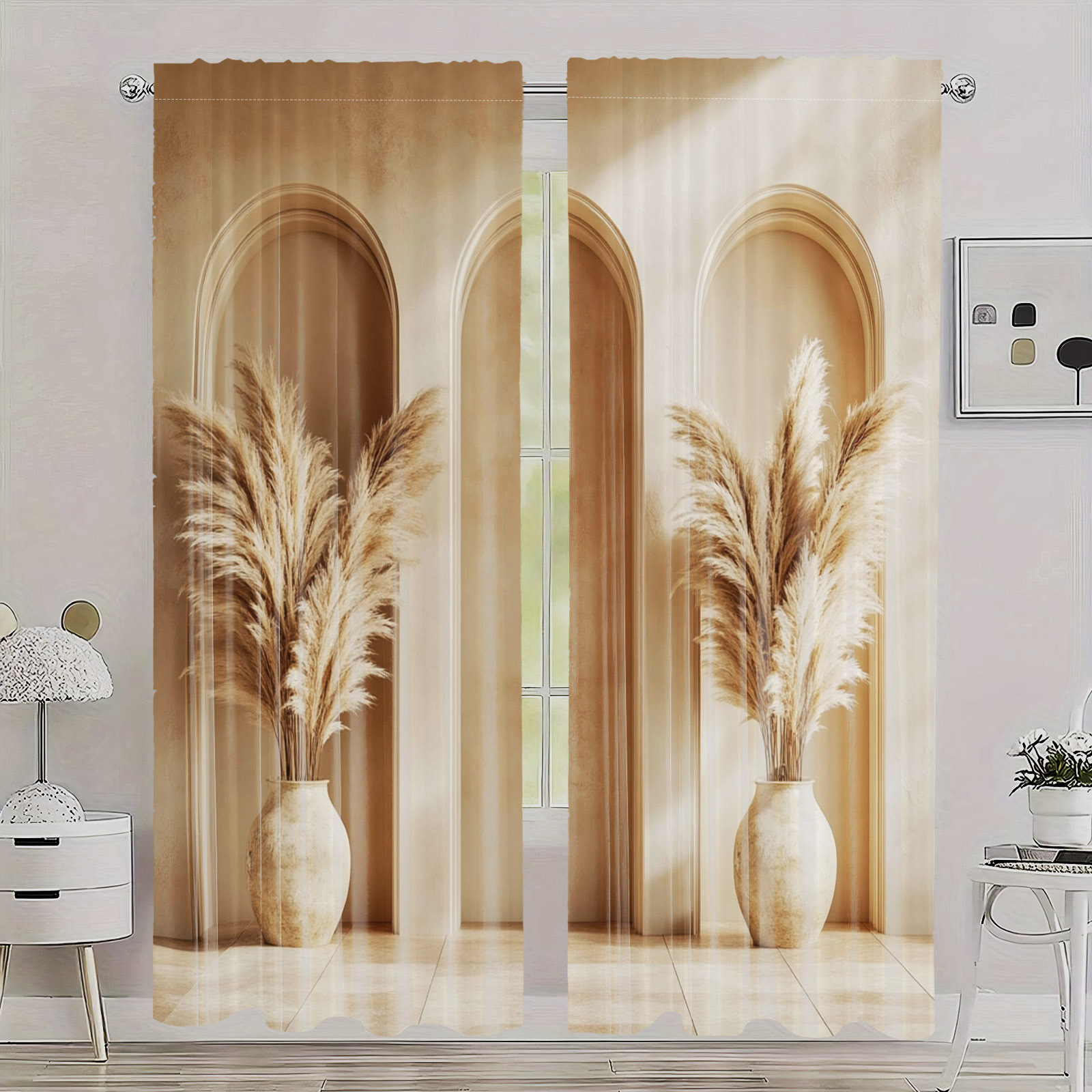 TEMU Set Of 2 Rustic Reed And Arched Door Frame Blackout Curtains - Made Of Soft Polyester, Featuring A Rod Suitable For Bedroom, Living Room, Or