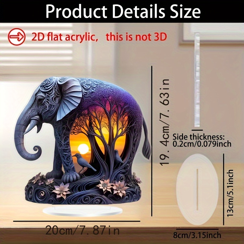 

2d Flat Bohemian Acrylic Elephant Decorative Desktop , Animal Theme Art Landscape, Multi-functional Home And Office Decorations, With Display Stand, English Text