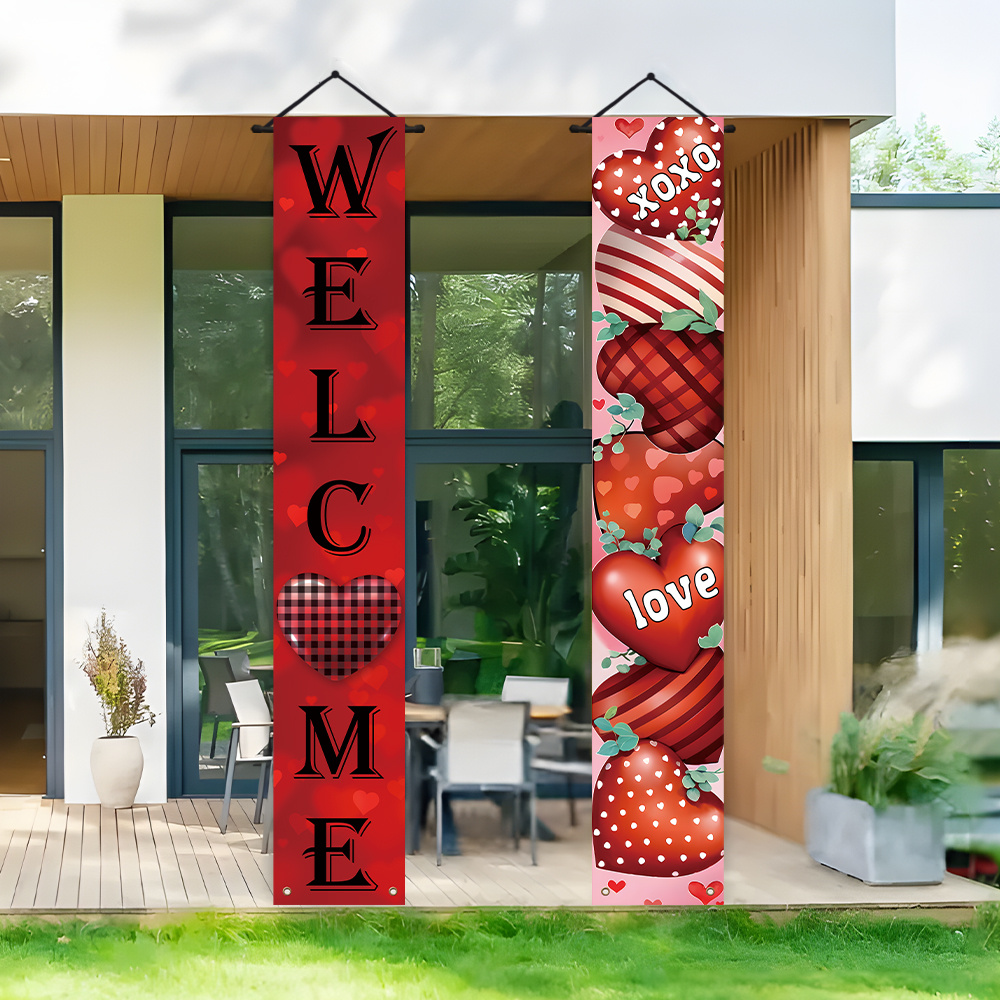 

1 Pair Valentine's Day Polyester Welcome Door Banners, & Themed, Multipurpose Indoor/outdoor Decor For Entryway, Patio, Home - No Electricity Needed, Room Decor For Couples