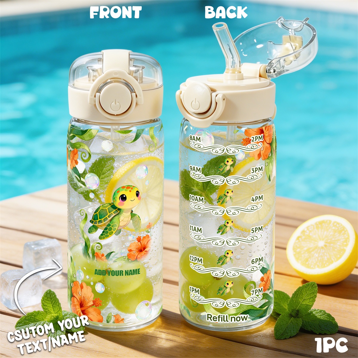 TEMU 1pc, Personalized 13oz/400ml Cute Sea For Turtle Custom Name Water Bottle, Leak-proof Plastic Sports Bottle, Ideal Personalized Gift For Turtle
