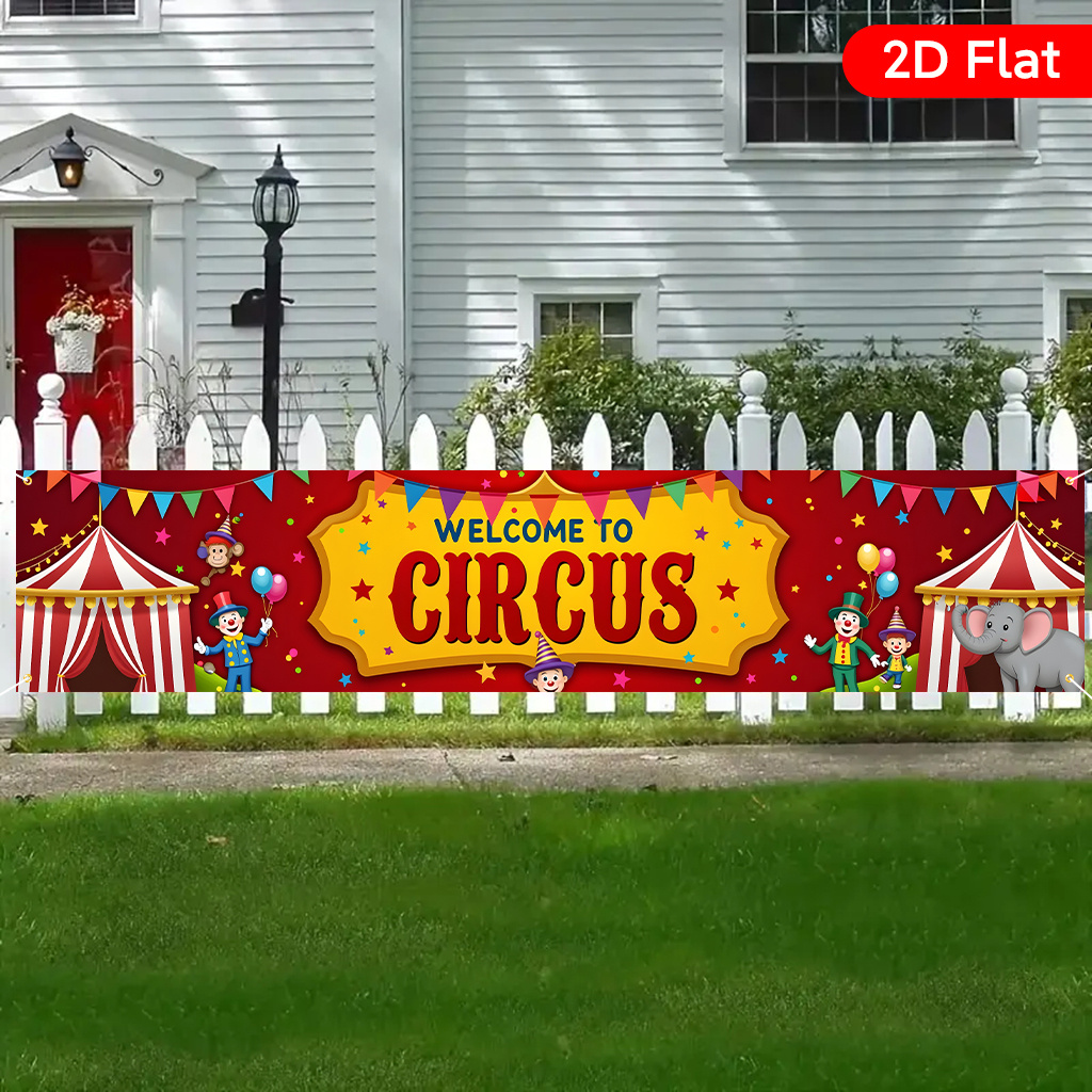 E-shop 1 Stück Willkommen im Zirkus Banner – Lebendige Zirkus-Themenparty-Deko mit Clown & Elefant Design, 17.7x78.7 cm langlebiges Polyester