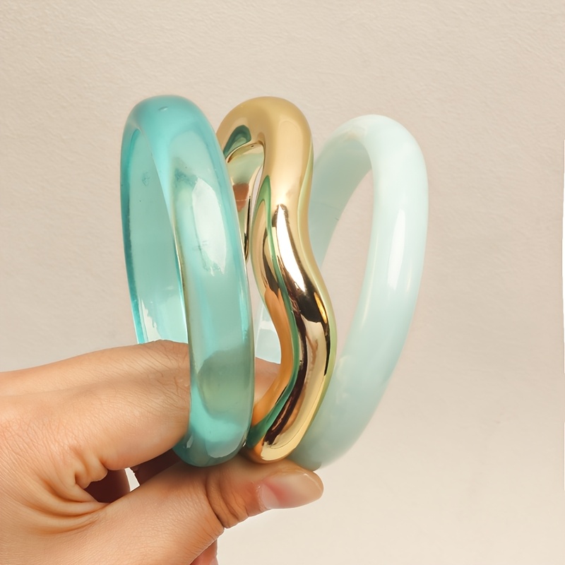 TEMU 3-color Minimalist Asymmetrical Resin & Acrylic Bracelet - Retro -coated Transparent Lake Blue/matte Light Blue Bangle, Non-metal Suitable For