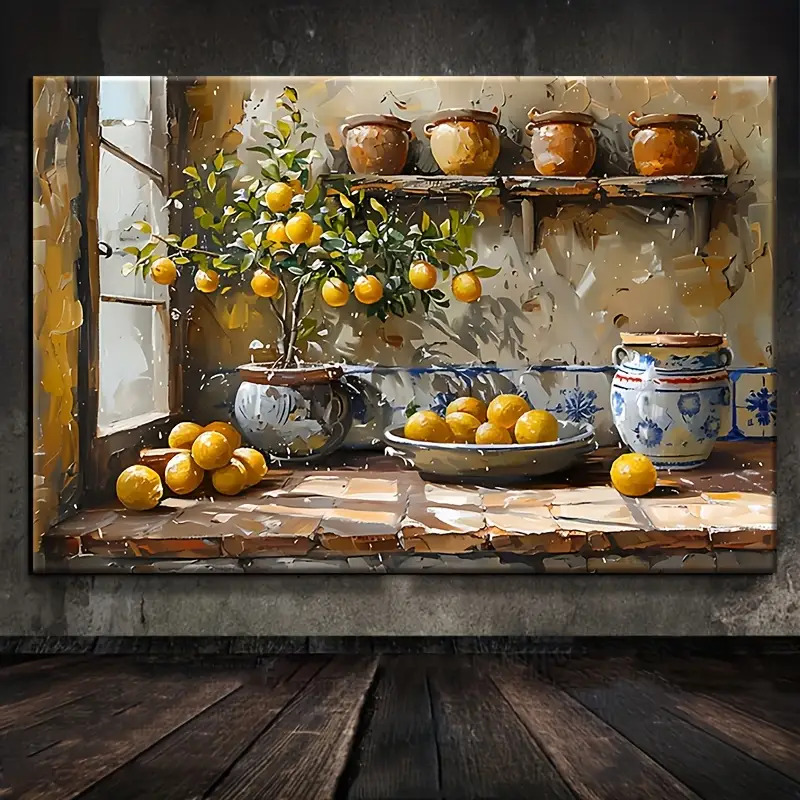 TEMU 2d Flat, 1pc Lemon Tree By The Window Framed Wall Art - Solid Wood Frame Waterproof Lemon Tree Poster Print, Lemon Tree Branches With Lemons For