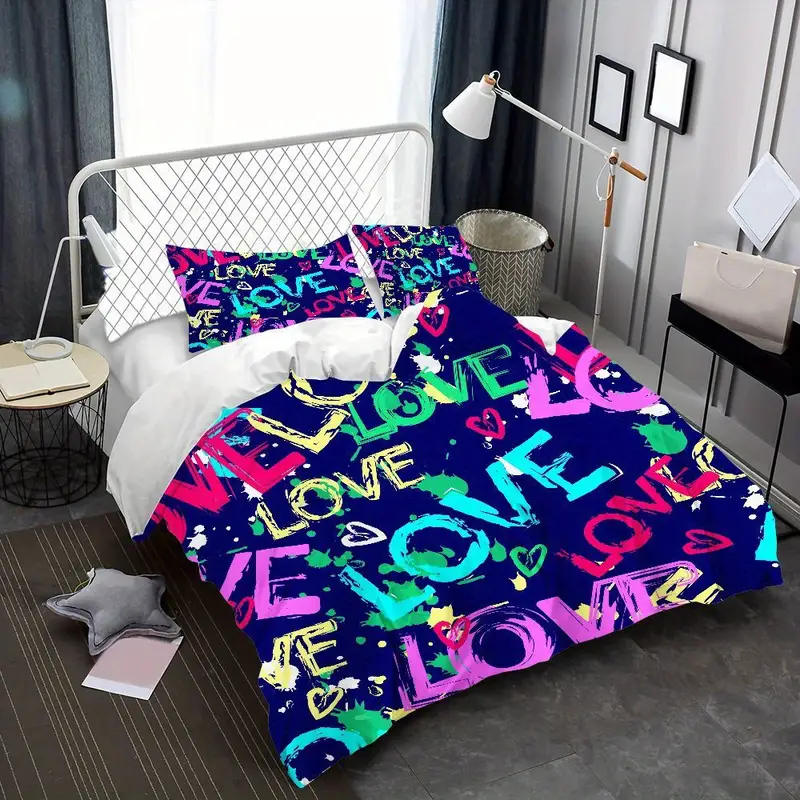 3pcs pattern bedding set - graffiti design duvet cover with pillowcases, navy blue & multicolor , soft microfiber bedding for teen room decor, 1 duvet cover + 2 pillowcases, machine washable zipper closure, , vibrant colors, bedroom collection, bedding set, king size bed comforter, bed comforter sets, king size bed comforter sets, bedroom decor, contemporary design, material, durable fabric, stylish bedrooms, mini Product details 5