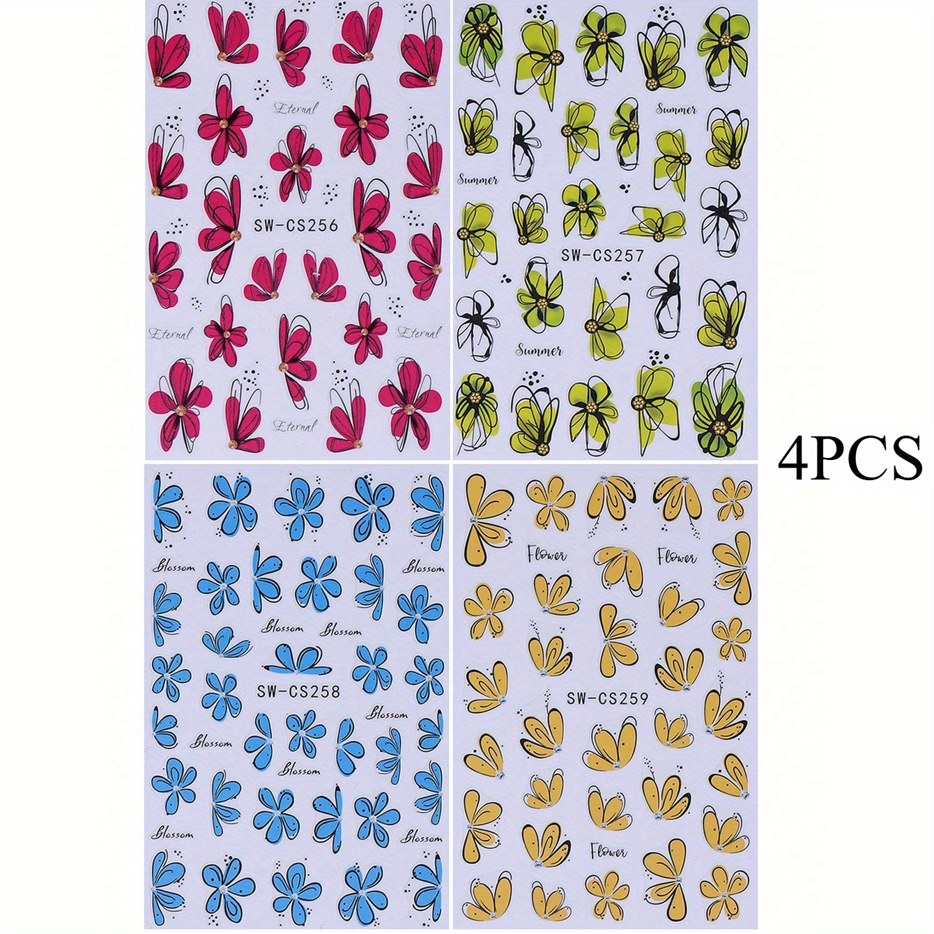 Set Of 4 Stylish Floral Nail Stickers In Vibrant Colors For Summer Nail Art, Featuring Yellow, Blue, And Pink Designs For Women And .