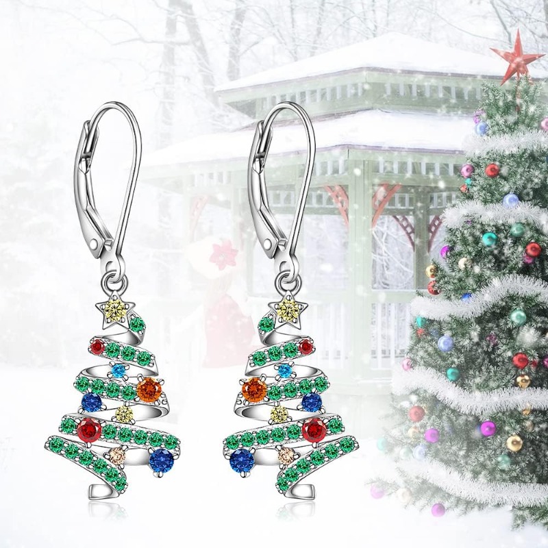 TEMU Earrings Exquisite Colorful Synthetic Zirconia Christmas Tree Earrings Ribbon Tree For Women Daily Party And Holiday Stylish Jewelry Gifts