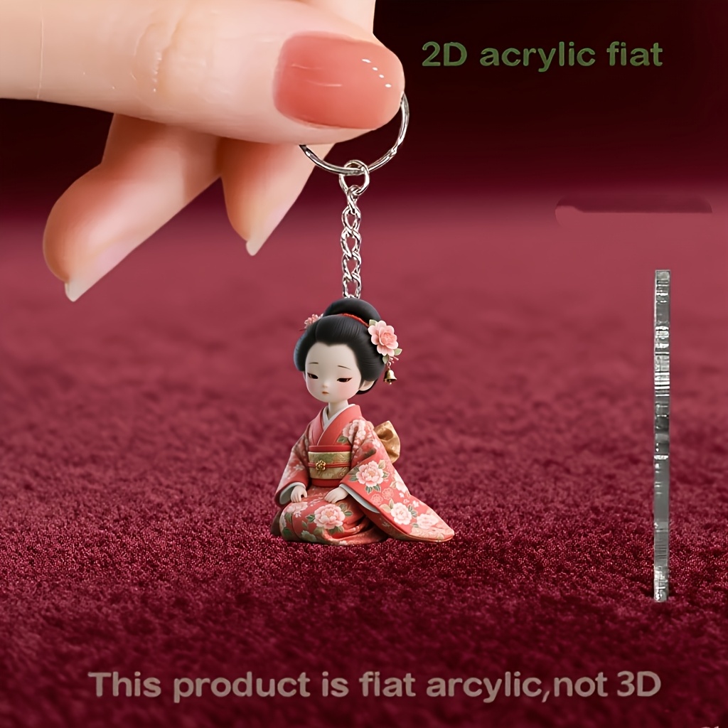 TEMU 2d Flat, 2d Flat Plane, 1 Japanese Geisha Keychain - 2d Flat Acrylic Traditional Kimono Design With Cherry And Fan Charms, Colorful Compact