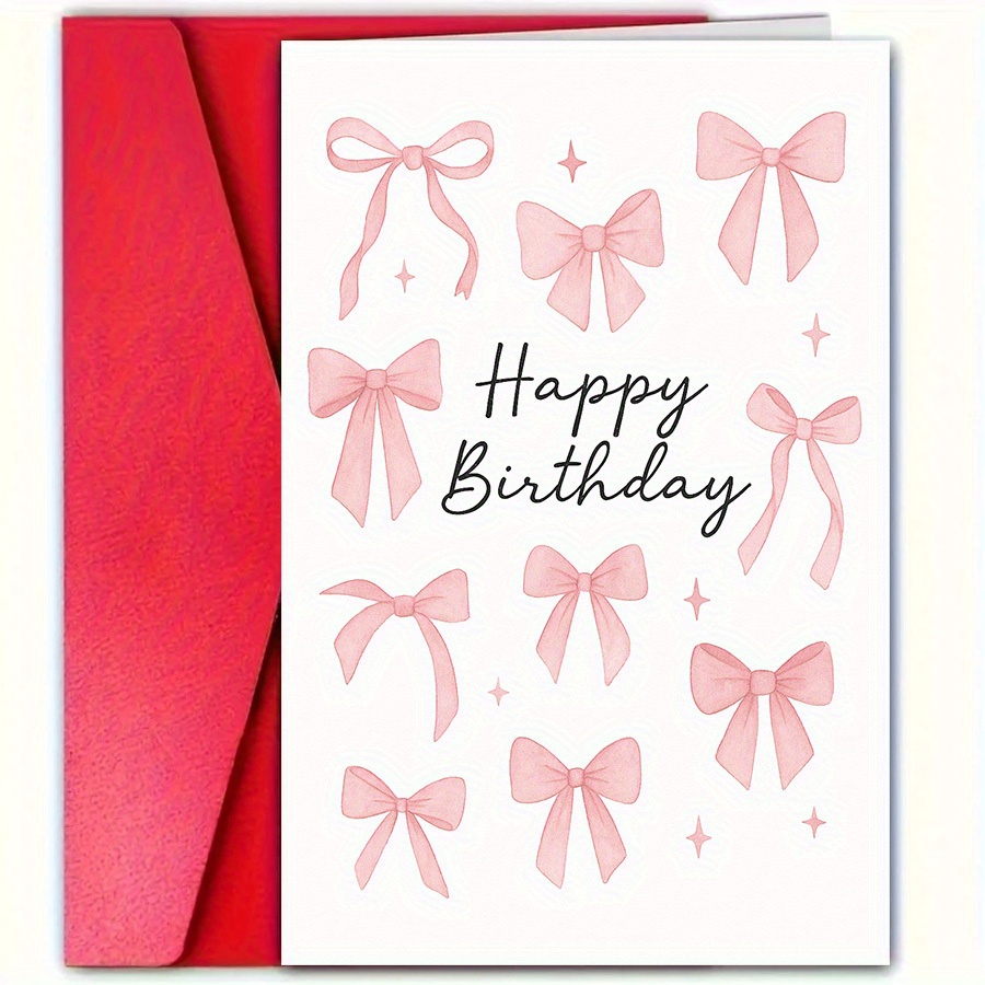 1 Pink Bow Birthday Card With Envelope, Perfect For , , And Everyone, Ideal For Celebrations, Gift Wrapping, And Special Occasions. Adds A Thoughtful Touch To Any Birthday Celebration