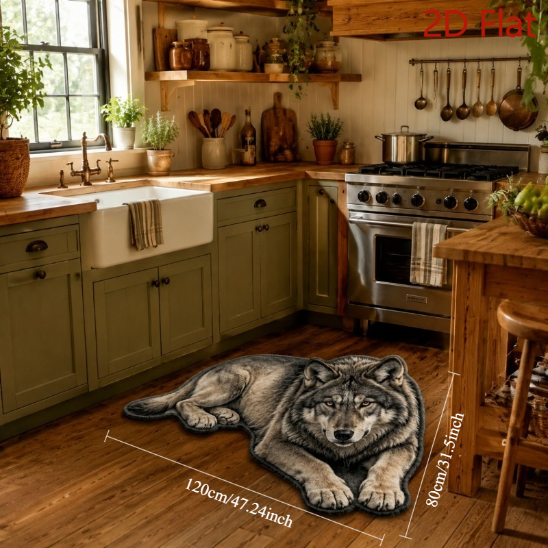 TEMU 2d Flat Wild Wolf Pattern Mat, Wolf Shaped Mat, Flat Creative Mat, Wildlife Mat, Kitchen Mat, British Anti Slip Floor Mat, Home Decoration For