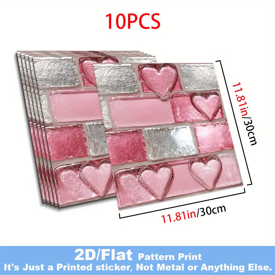 TEMU 10pcs Of 2d Flat, Self-adhesive Vinyl Floor Stickers - Pink Heart-shaped Glass Tile Pattern, Peel-and-stick Wall And Floor Stickers For Kitchen,
