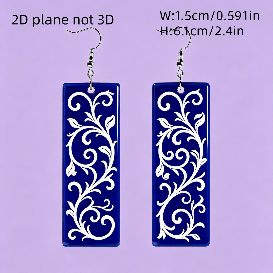 Ornate Blue & White Floral Scroll Dangle Earrings, Lightweight Acrylic