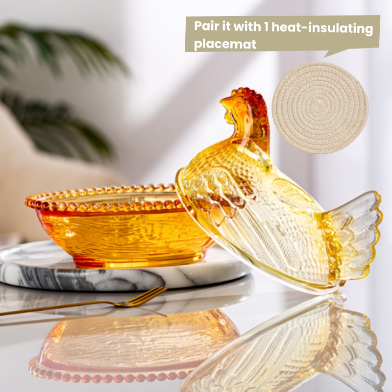 TEMU Adorable Candy-colored Chicken-shaped Crystal Glass Storage Jar With Lid And Placemats - Perfect Table Or Desk Ornament Decorative Dish - Ideal