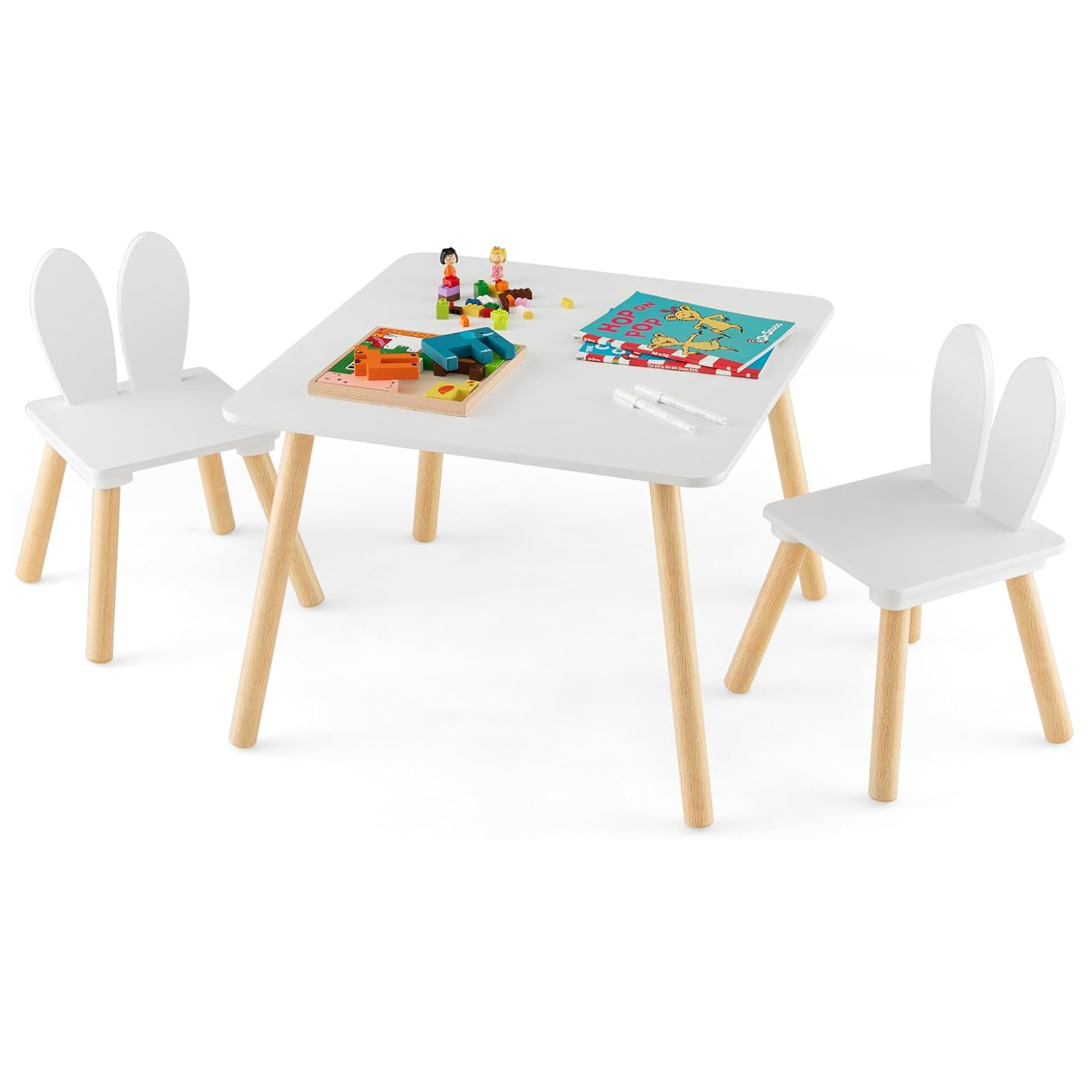 Image of Kids Table And Chairs Set, Square Activity Table & 2 Bunny Chairs For Reading, Drawing, Eating, Doing Crafts, 3pcs Children Furniture For 3-6 Years Old Boys And Girls, White