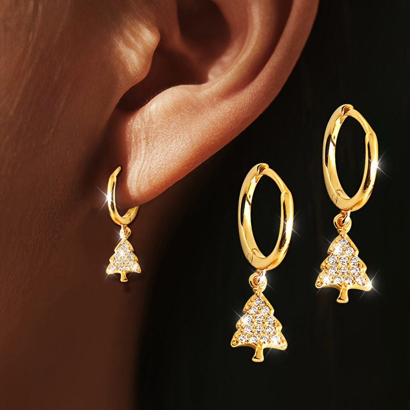 TEMU Easy Inlay Zirconia Christmas Tree Hoop Earrings For Women Christmas Party Banquet Holiday Daily Classic Christmas Tree Hoop Earrings Christmas