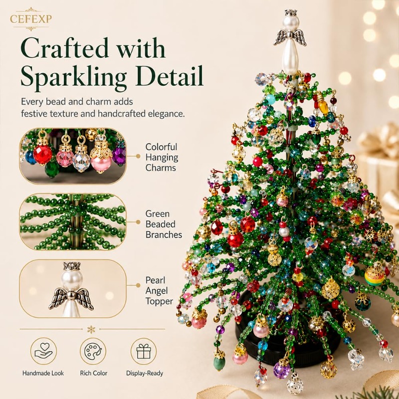 beaded mini christmas tree making kit handcrafted tabletop xmas tree decor with multicolor   ornament pendants wire additions   2pcs christmas greeting cards   gift for   christmas new year present Product details 1