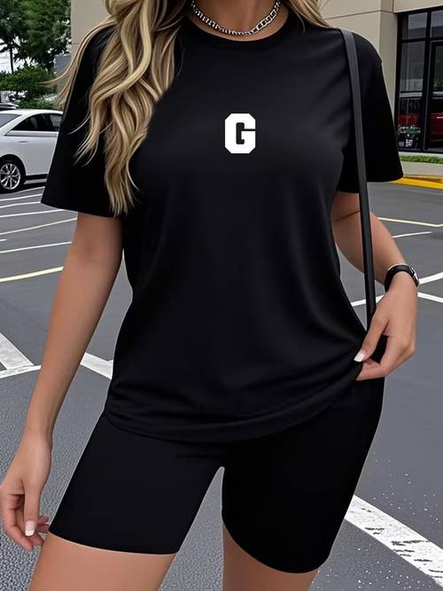 zdjęcie przedmiotu g, damski zestaw: krótki rękaw, okrągły dekolt, obcisłe spodnie, casualowy wierzchni, t-shirt i spodnie sportowe do biegania i fitnessu, 2 szt.