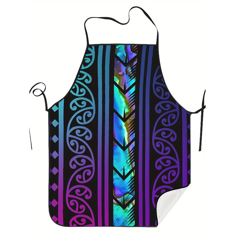 TEMU 1pc Apron Featuring New Zealand Maori Purple And Blue Artistic Prints - Vintage Style For Chefs And Waitstaff, Suitable For Barbecue, Themed