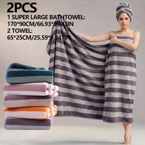 item picture striped large bath towel set 2pcs set a bath towel measuring 170 90cm 66 93 35 43inch and 1 hair drying cap measuring 65 25cm 25 59 9 84inch ultra soft absorbent portable quick drying and lightweight large bath