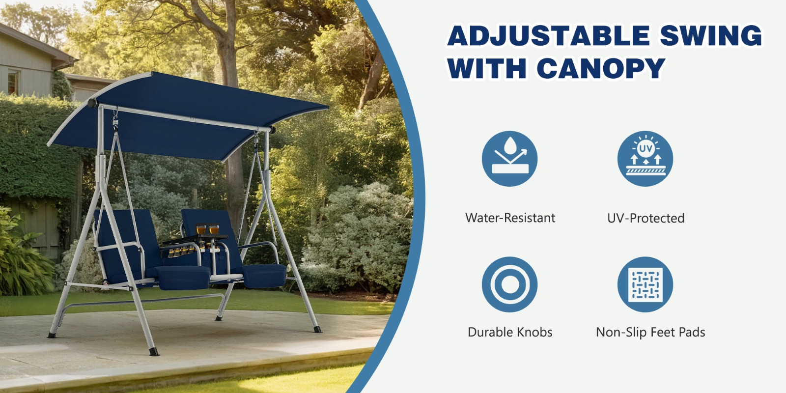2-Seat Patio Porch Swing with Stand, Outdoor Swing Chair with Adjustable Canopy & Cup Holders for Backyard, Garden & Deck