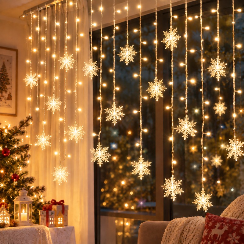 TEMU Catena Luminosa a Forma di di e Colonna di Elettrica da 4 per Decorazioni Natalizie, Luci a Stella per Festosa, Decorazione per Finestre con 96