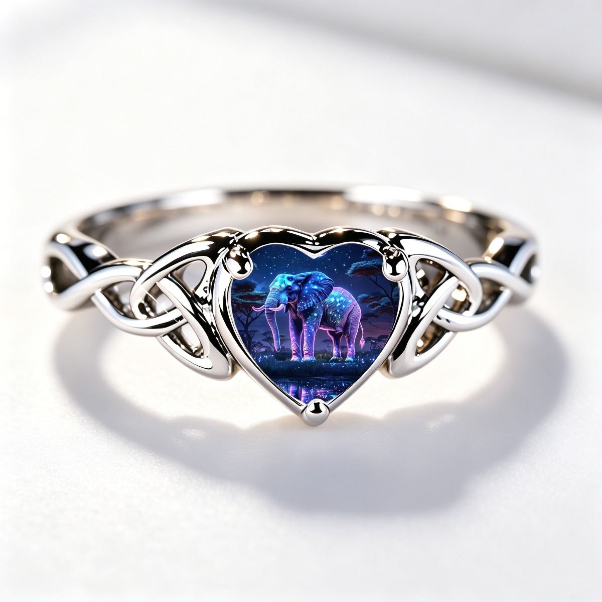 Mystical Glow Galaxy Elephant Heart Silvery Finger Ring