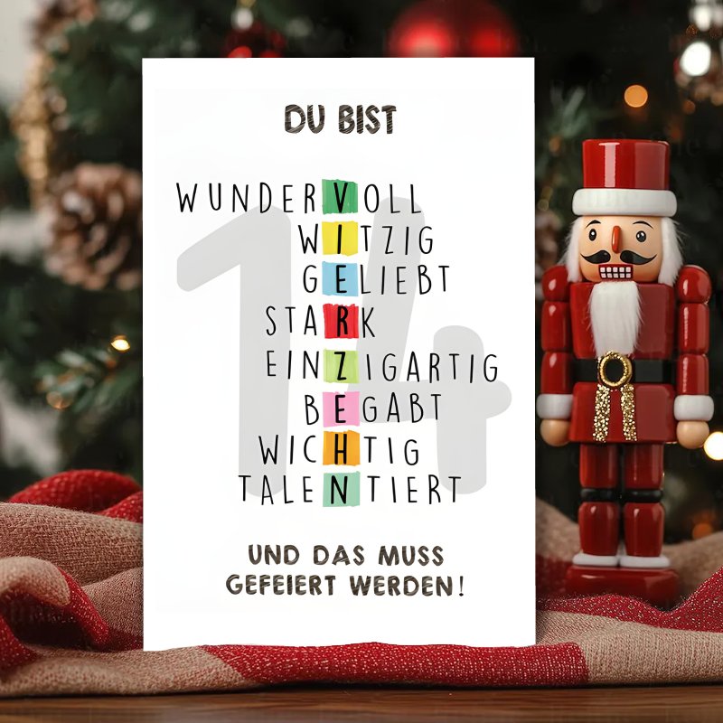 E-shop Bunte Puzzle-Geburtstagskarte zum 14. Geburtstag in deutscher Sprache, . als Glückwunsch zu Weihnachten, ein ideales Geschenk für Freunde, ,