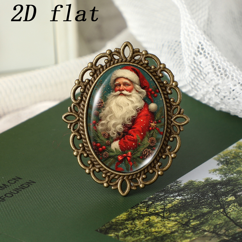 TEMU 1pc Vintage Santa Claus Pine Branch Berry Oval Glass Badges, 2d Flat Design Glass Pattern, Versatile Ornament For Clothing And Backpacks, Unisex