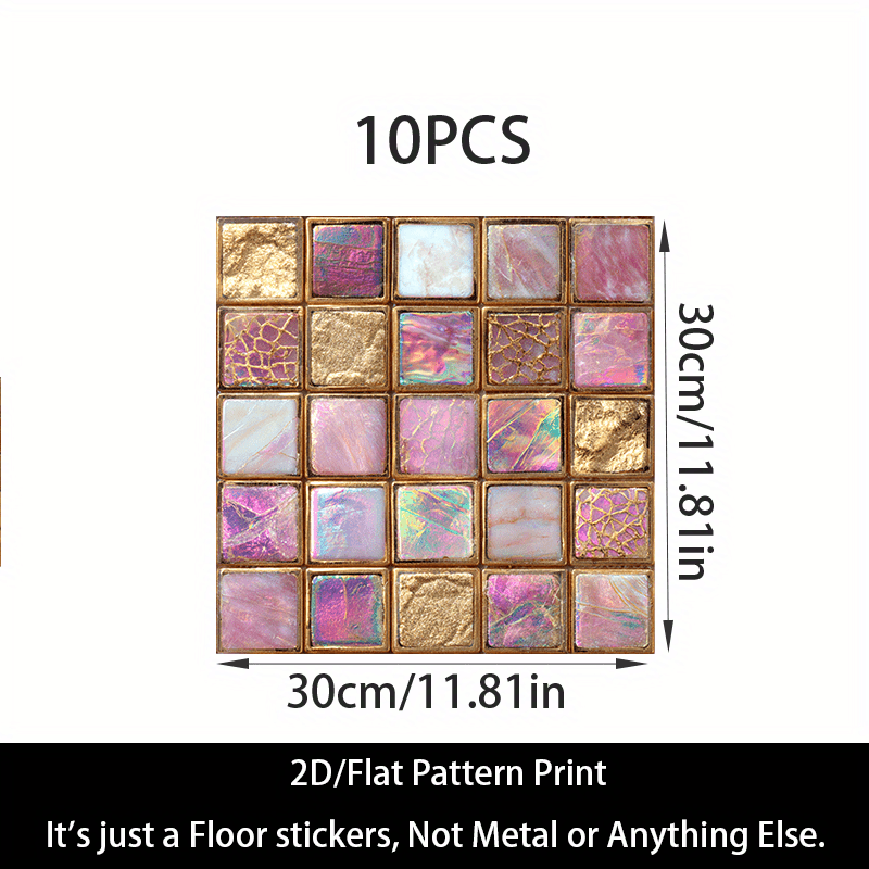 TEMU 10-pack 2d Flat Vinyl Floor Stickers | Self-adhesive, Removable Marble Pattern Tiles In Pink, White, Golden, Black, And Grey, Durable Pvc,