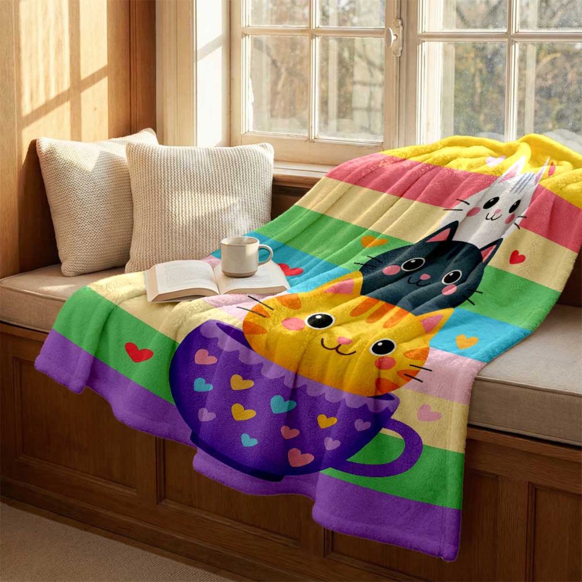 Manta de franela más reciente de 2026, 1 pieza, acogedora con estampado de gato de dibujos animados - Manta suave y cálida para toda estación con diseño de gatitos fantasiosos en tazas, rayas y corazones multicolores, ligera de 250-300 gsm para sofá, cama, coche, oficina, cámper