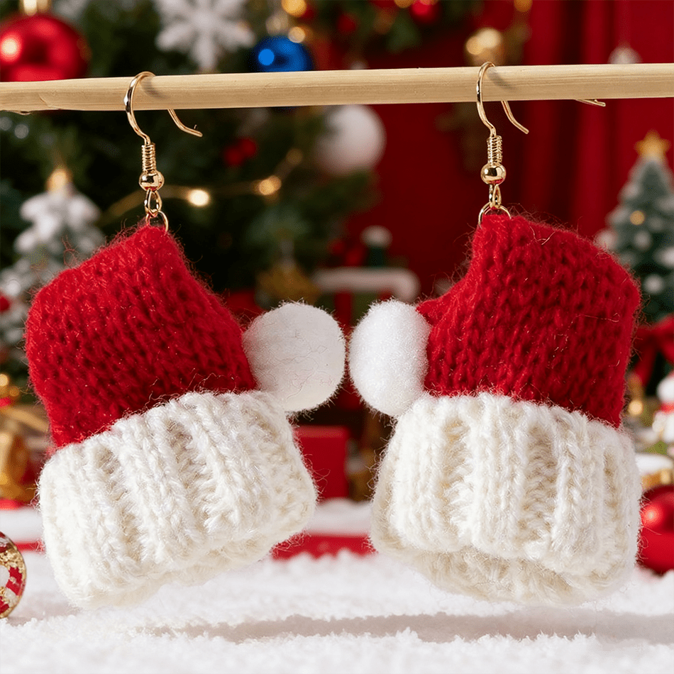 TEMU 2pcs Boucles d'oreilles pendantes tendance pour femmes, Boucles d'oreilles pendentives chapeau pliable rouge et blanc de Noël, Cadeau unique,