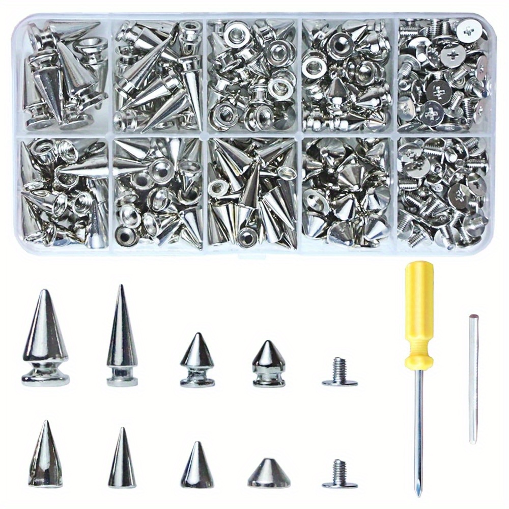 E-shop 354 Sets Punk Spikes und Nieten Kit, 8 Größen Kegel Spikes, Metall Baum Spikes Nieten für Lederhandwerk und Punk Style Kleidung Zusätze Bastel