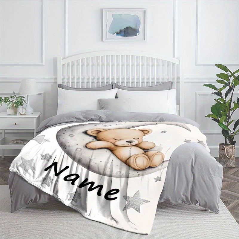 Custom Name Cute Bear Blanket, Portable Lightweight Flannel