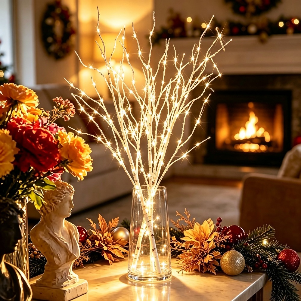 TEMU 1pc Battery-powered Artificial Birch Branch Light With -controlled Branches - Suitable For Indoor/outdoor, Modern Plastic Battery-powered For