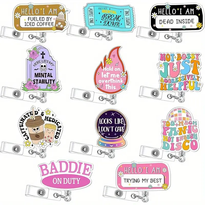 TEMU 2d 12pcs Fun Badge Reels With Retractable Id Card Holder - Nurse Badge Clip For Doctors, Students & Office Use - Unisex Bulk Gift Set,