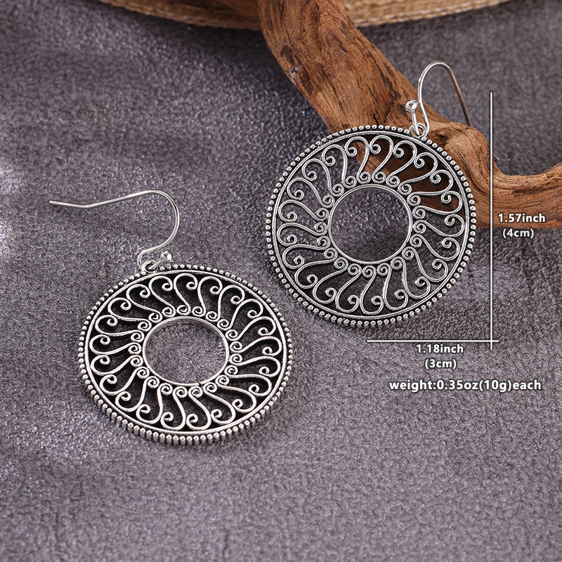Bohemian Style Carved Circular Hollow Pendant Earrings