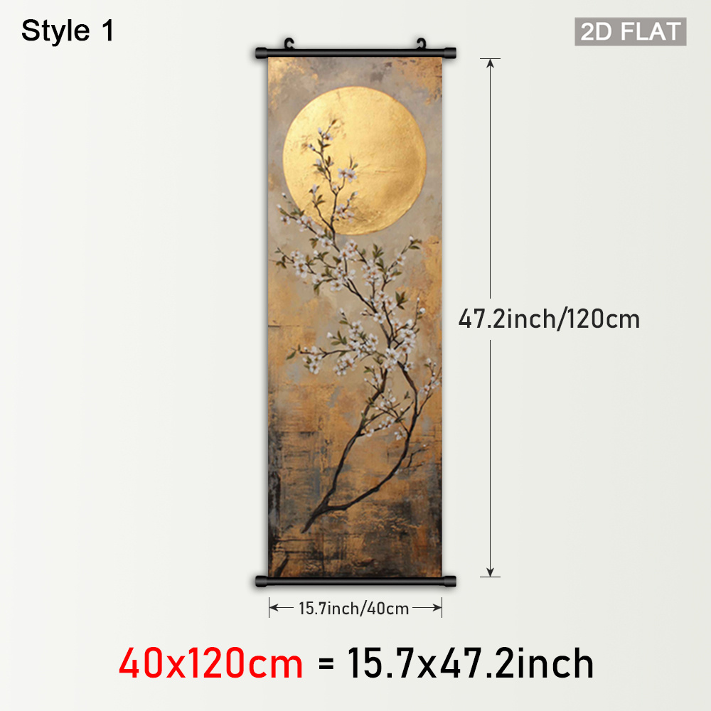 TEMU 2d Flat, 1pc Framed Vertical Asian Blossoms & Moonlight Scroll Painting - Classic /korean Chanmi-de Style Canvas Wall Art, Winter/autumn Poster