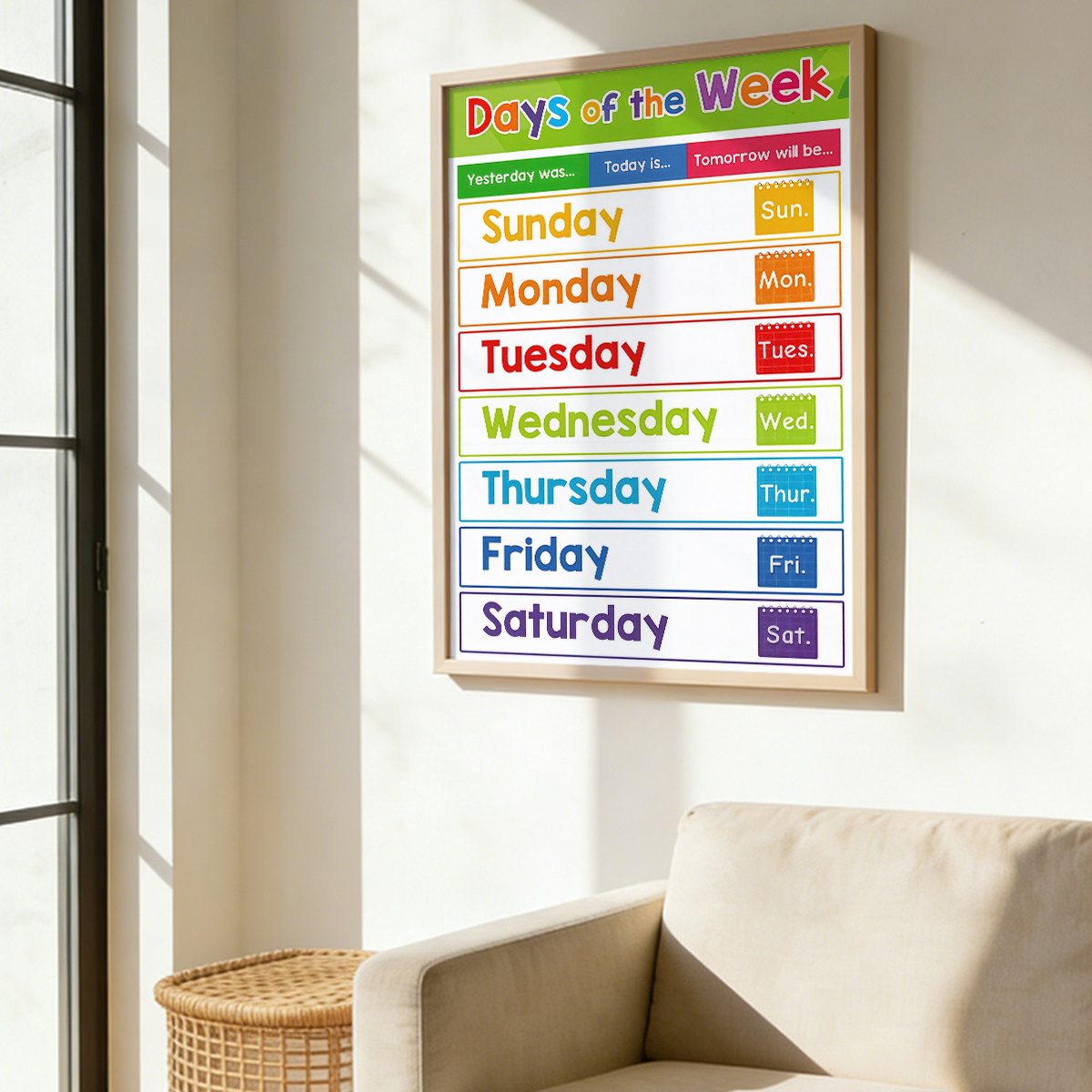TEMU 2d Flat, 1pc Days Of The Week Poster For - Colorful Educational Calendar Chart With Abbreviations, Bright Suitable For Classroom, , Wall Art,