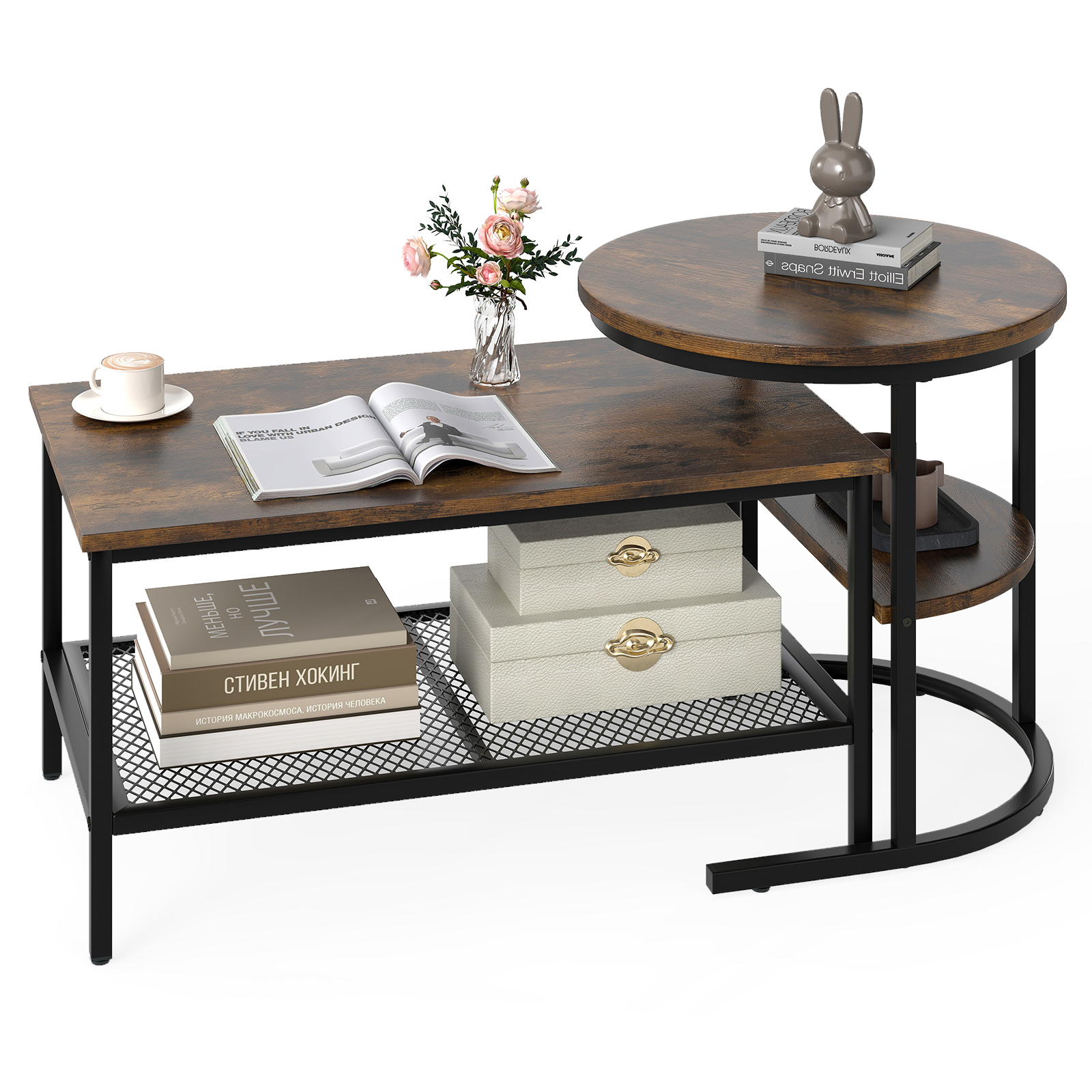 2pcs Modern Coffee Table With Round & Rectangular - Rustic Brown Frame & Black Tabletop Suitable For, Office, Small Spaces, Assembly, Space- Furniture
