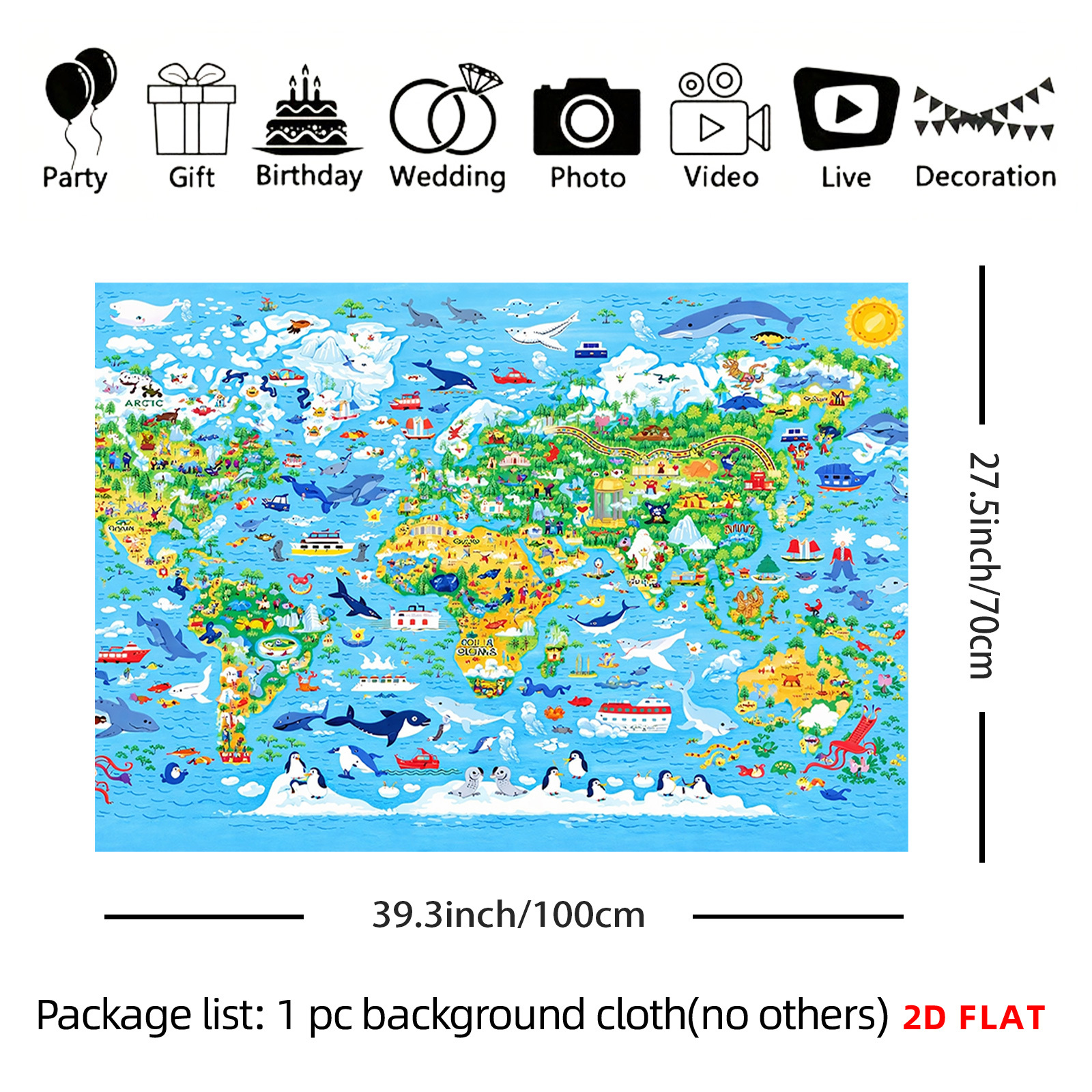 TEMU 2d Flat, 2d Flat Printing Large Tapestry With Pattern - World Map, Cartoon, Animals, Ocean, Continents, For Room Wall Decoration, Non-luminous,