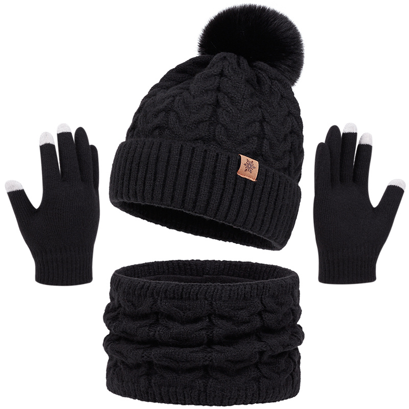 TEMU 3pcs Autumn/winter Hat, Scarf, And Gloves Set, Large Ball Beanie With Ear Flaps, Touchscreen-compatible -lined Gloves, And -lined Neck Warmer,