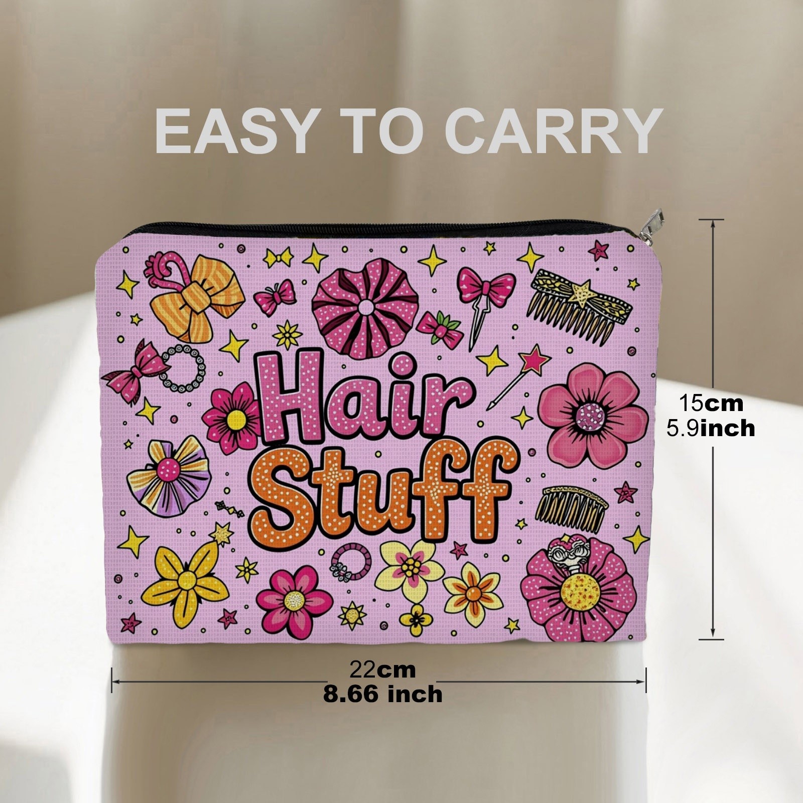 TEMU 1pc Colorful Cartoon Hair Accessories Print Makeup Bag, Double - Sided Design, 5.9in*8.66in Polyester Cosmetic Pouch, Vibrant As A Gift For ,