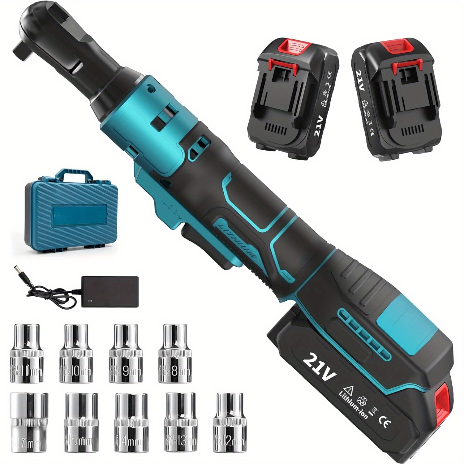 

21v Cordless Ratchet Wrench Set, 3/8" Drive, 60 Ft-lbs, 450 Rpm, With 2 X 2000mah Li-ion Batteries, 2a Charger, 9 Bolt Sockets, Carbide Material For